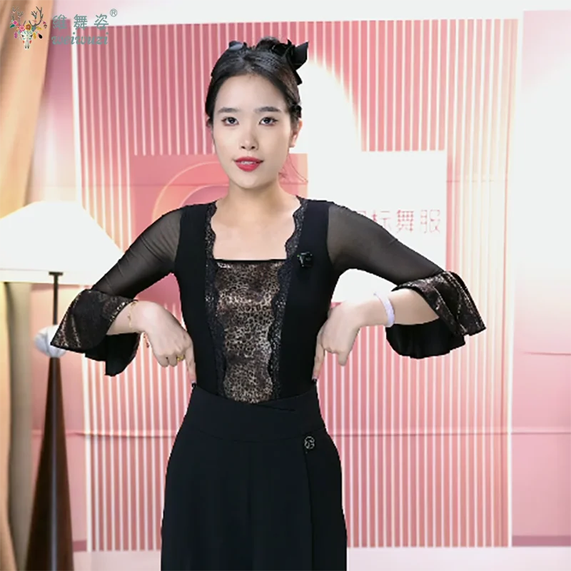 Women New Ballroom Dance Competition Clothing Black Long Sleeve Top Big Swing Skirt Suit Waltz Foxtrot Tango Modern Dance Dress