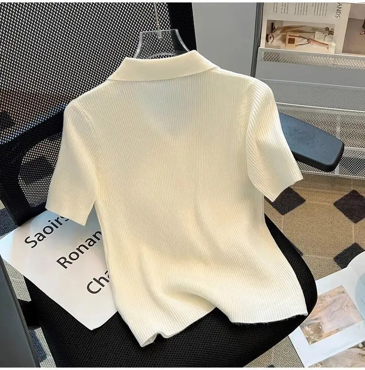 Knitted Polo Shirt  Women's Summer Cardigan Short Sleeve T-Shirt Casual Fashion Short Sleeve Tops Knitwear 2025 Korean Clothing