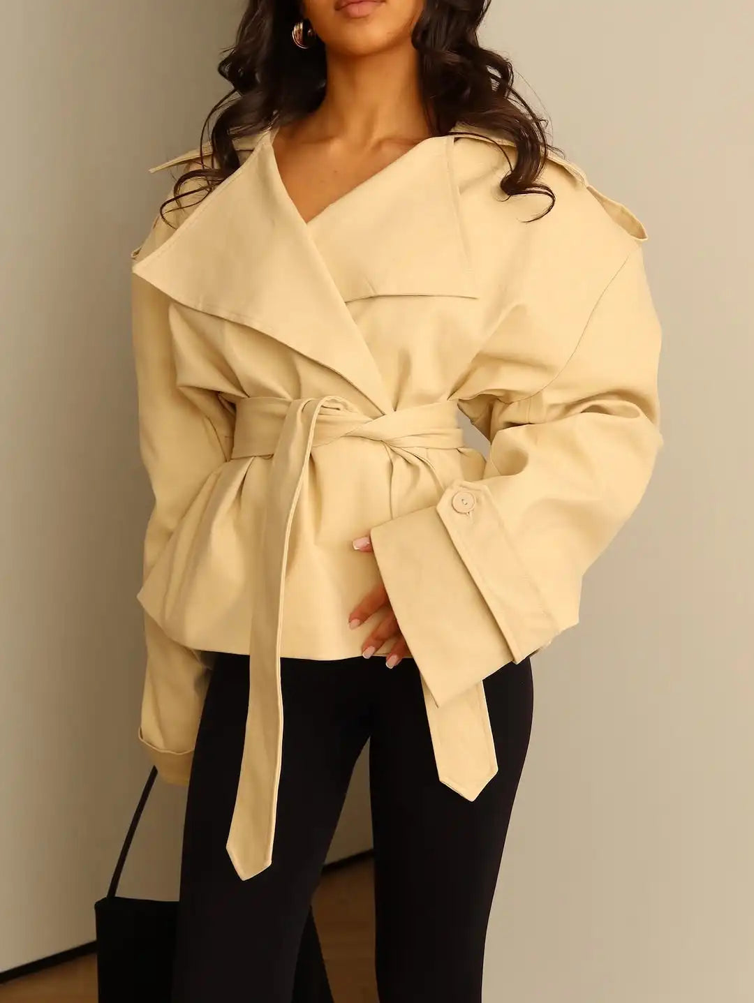 Lace Up Cropped Trench Coat Fashion Women Lapel Long Sleeves Wide Shoulder Windbreaker Jacket Lady 2026 Spring Commuting Outwear