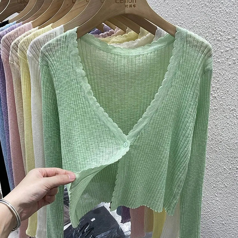 Pastel Crop Cardigan for Women Long Sleeve Button Front Lightweight Knitted Cardi Jacket Top Teen-girl Basic Outfit