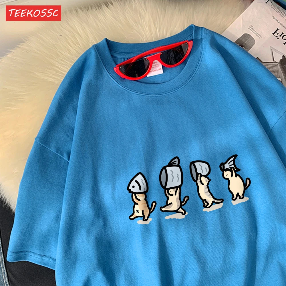 Four Little Cats Holding Fishcotton Women T-Shirts Cartoons Prints T Shirts Soft O-Neck Loose Short Sleeve Tops Summer Clothes