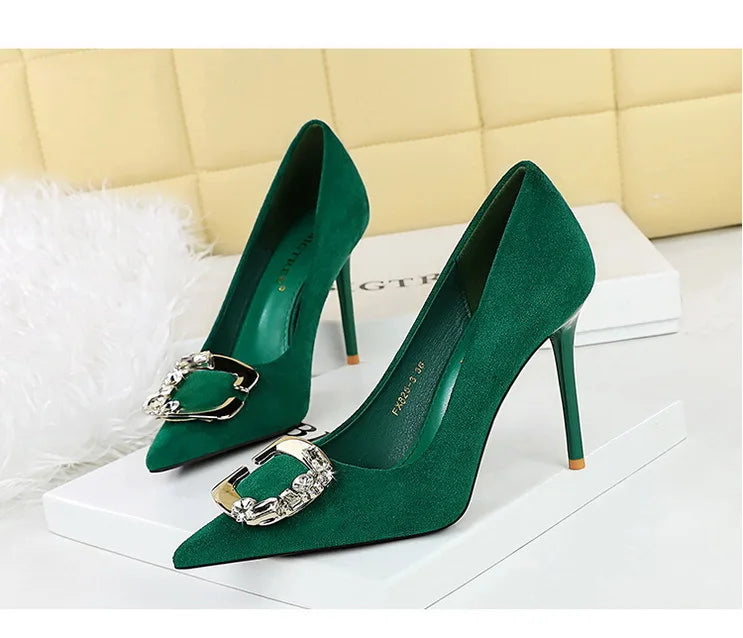 BIGTREE Shoes Metal Rhinestone Belt Buckle Women Pumps Suede High Heels Luxury Banquet Shoes Sexy Party Shoes Women Stilettos