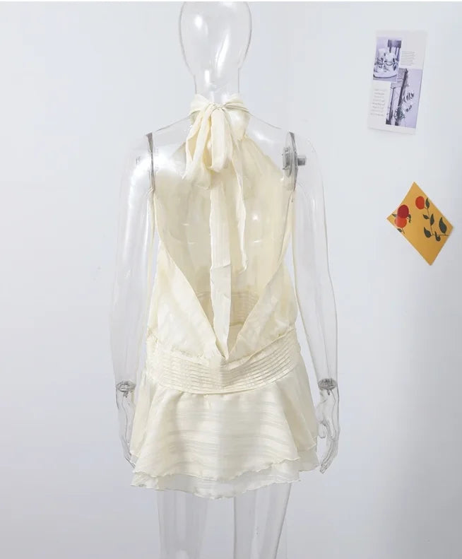 Stunning Shiny Ruffles Lace Up Mini Dress Women's Chic Loose Hollow Out A-line Pleated Vestidos 2026 New Lady Summer Party Gowns