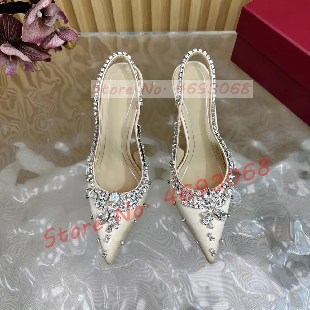 Luxury Crystal Flowers Back Strap Sandals Ladies Trendy Pointy Toe Classy Gems Satin Sandal Women Real Leather Evening Shoes
