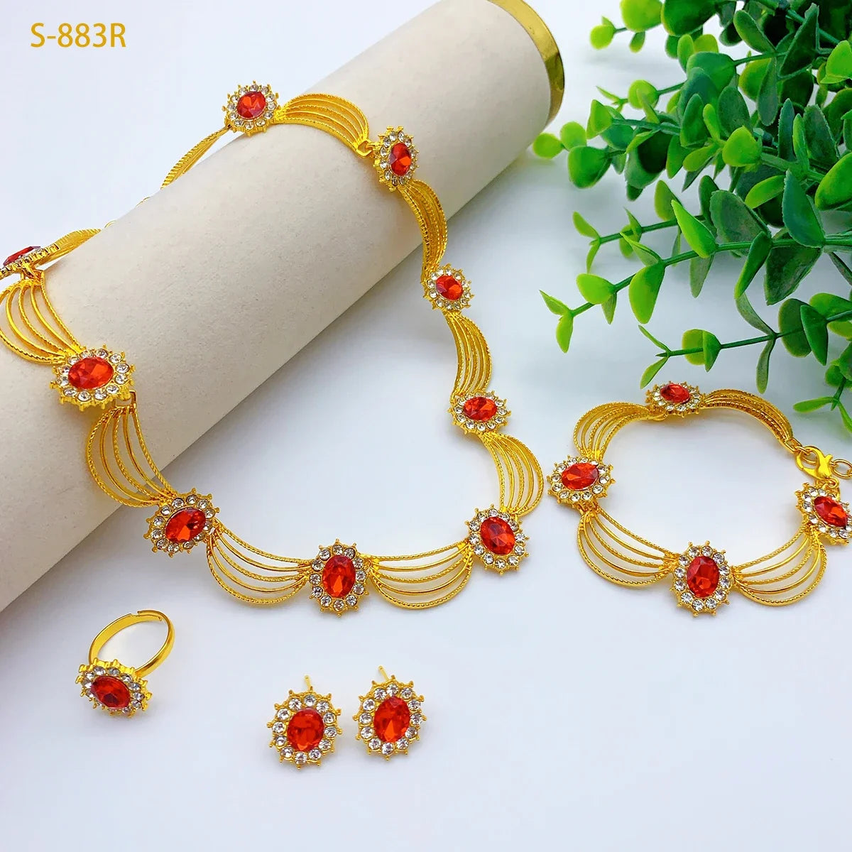 Fashion Ethiopia Dubai Women's Jewelry Set African Wedding Jewelry Necklace Bracelet Earring Ring Set Party Gifts Wholesale