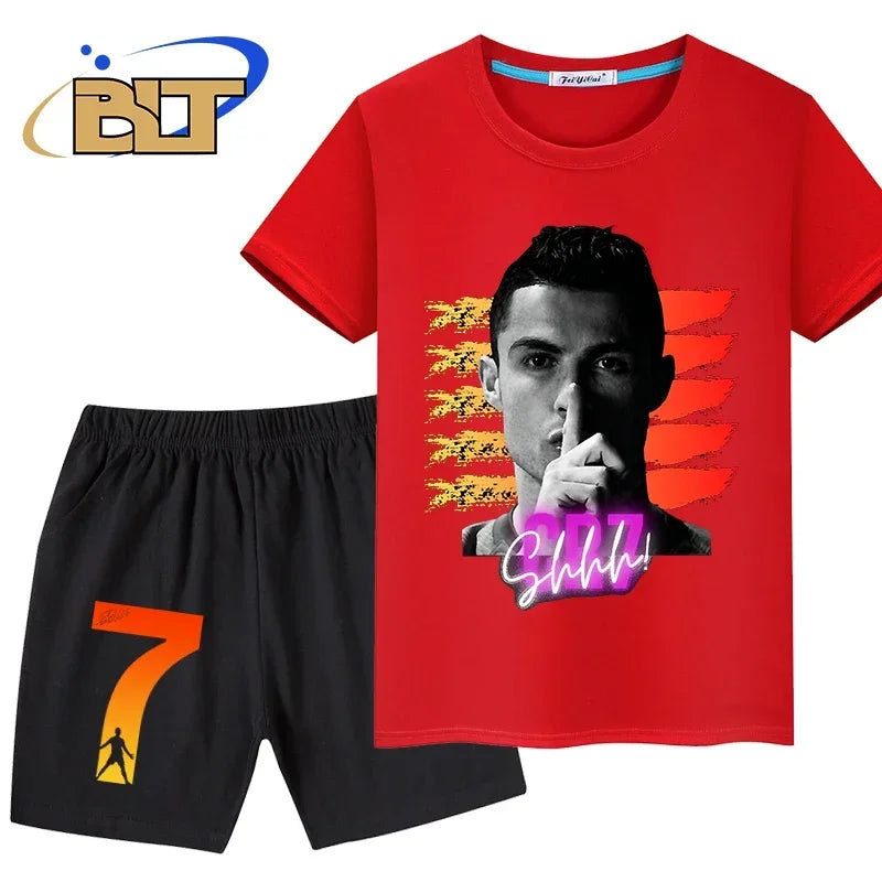 Ronaldo head print summer children's clothing kids T-shirt set pure cotton short-sleeved shorts 2-piece set boys and girls gifts
