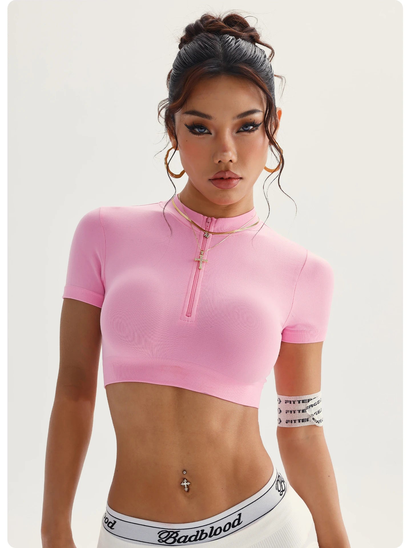 Seamless Yoga Crop Top Women Half Zip Mock Neck Short Sleeve Sports T-shirt Gym Workout Top Slim Fit Fitness Tights Sportswear