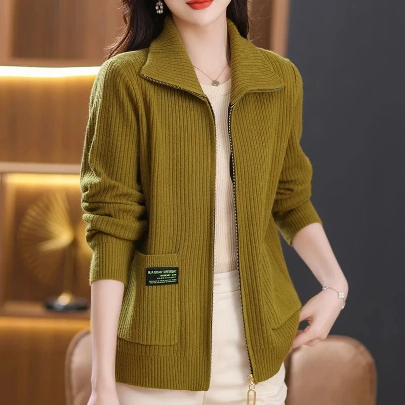 Knitted Cardigan Jacket Women Zipper Lapel Sweater Autumn Winter Outerwear