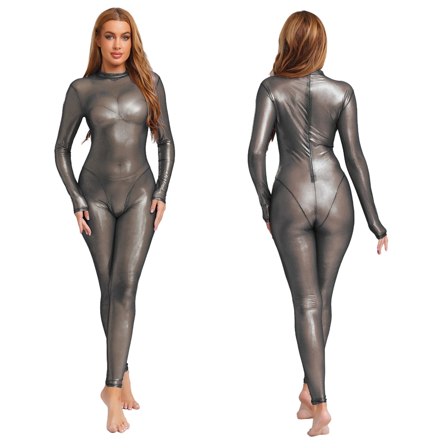 Women Metallic Shiny Full Body Unitards Jumpsuit Rave Nightclub With Back Zipper