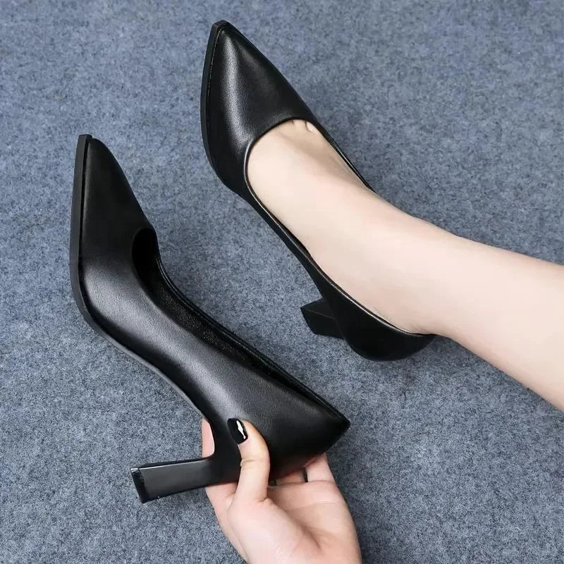 Black Women's Pumps 6-8cm Heel Soft PU Leather Non-slip Single Shoe Professional Interview High Heels Mid Heeled Work Shoes