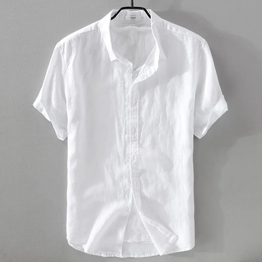 Pure Linen Short-sleeved Shirt Men's Linen White Shirt Cotton Linen Men's Top Men's Casual Summer Half-sleeved Shirt