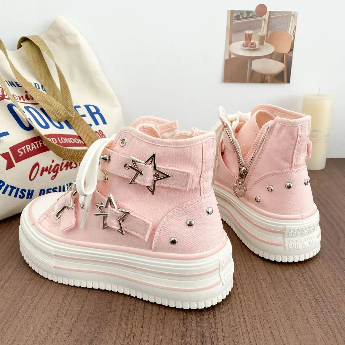 Y2K Pink High-top Canvas Shoes for Women Design Rivet Buckle Lace-up Platform Women's Summer Sports Shoes Fashion Board-shoe
