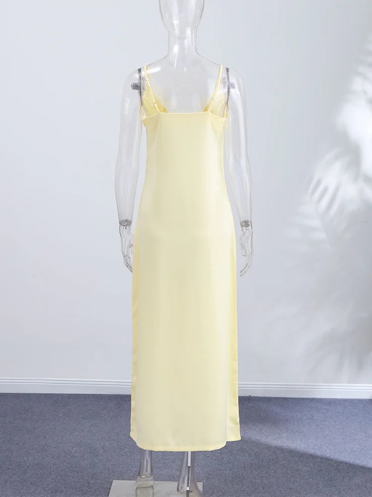 Summer Satin Lace Spliced Long Dress Women V Neck Sleeveless Waist Cinching Strap Dresses 2026 Lady Casual Solid Party Robe