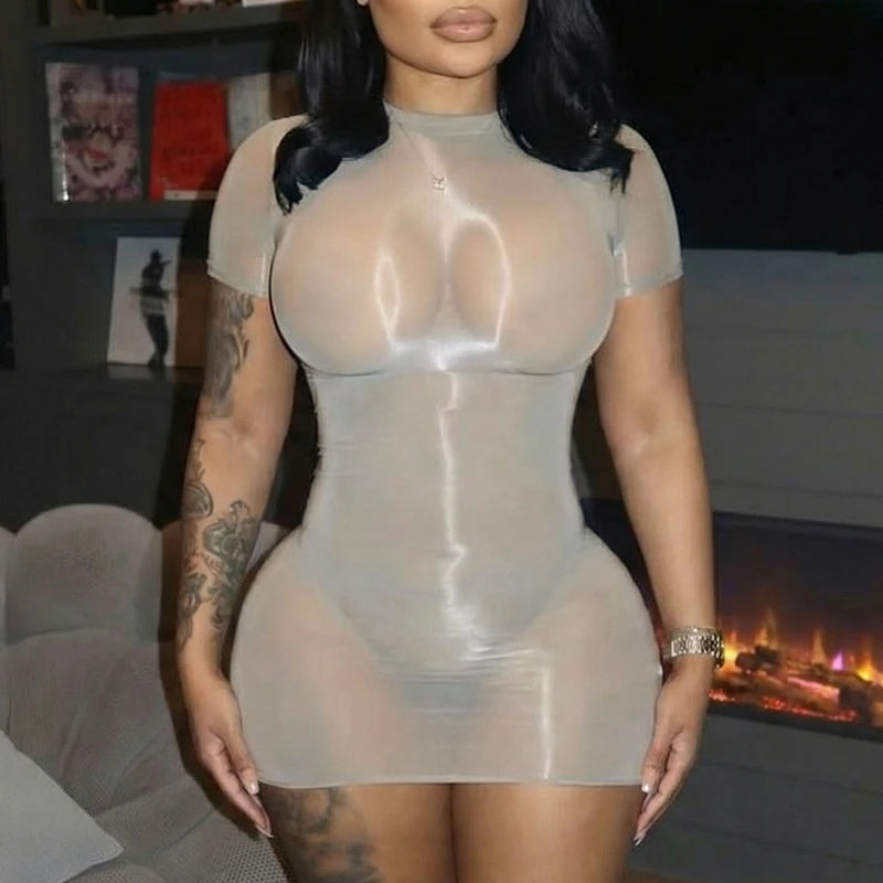 Sexy spicy girl style see through short sleeved tight fitting dress, short dress