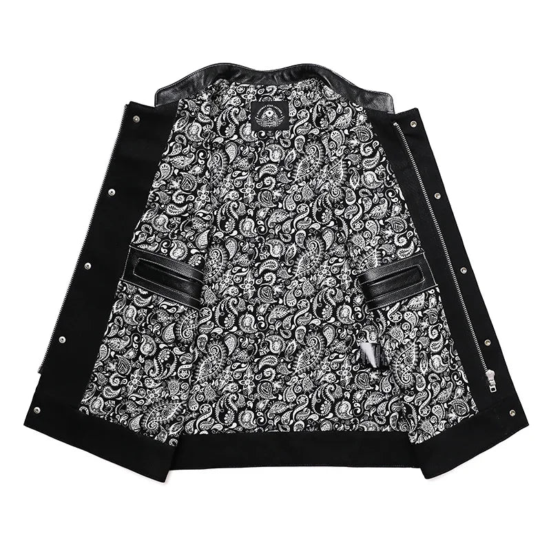 SOA Club Style Motorcycle Leather Vest Men Cowhide Denim Patchwork Waistcoat Sons of Anarchy Biker Vests Man Sleeveless Jacket