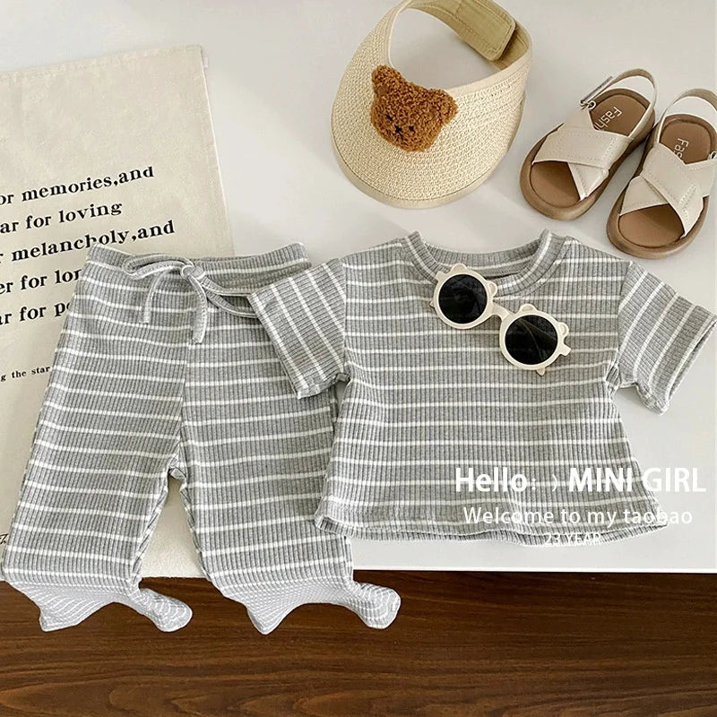 Summer Girls Sets Children's Fashion Striped Suit Kids Short-Sleeved Round Neck Top Trousers 2Pcs Bew Casual Clothing Outfit