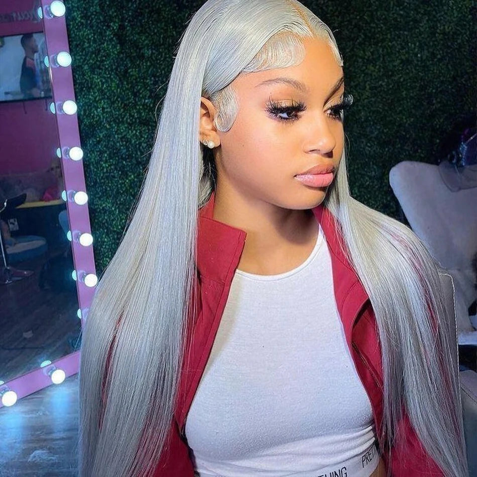Silver Grey Human Hair Wigs Brazilian 13x4 Straight Lace Front Wigs For Women Grey 613 Colored Hd Transparent Lace Frontal Wig