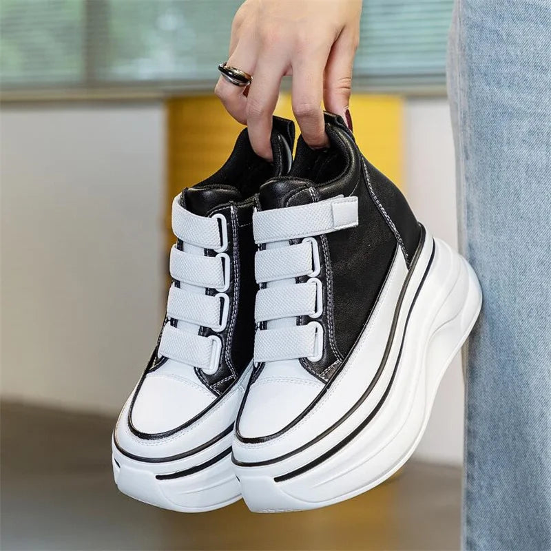 10cm Genuine Leather Platform Wedge Mid Calf Ankle Motorcycle Booties Non Slip Hidden Heel New Women Slip-On Autumn Spring Shoes