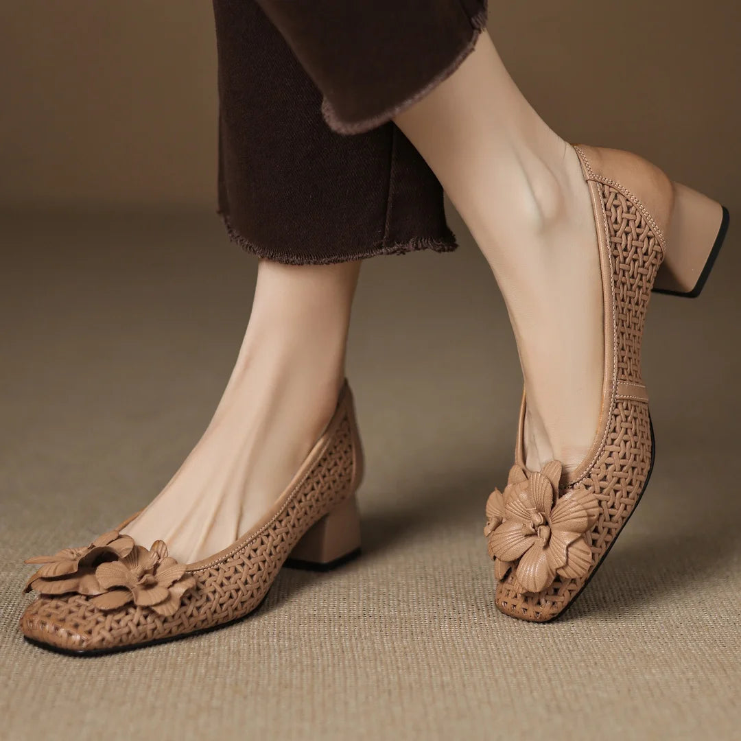Plus size 41 women's hollow-out sheepskin square toe slip-on pumps 4cm thick med heel elegant ladies flower summer heels sandals