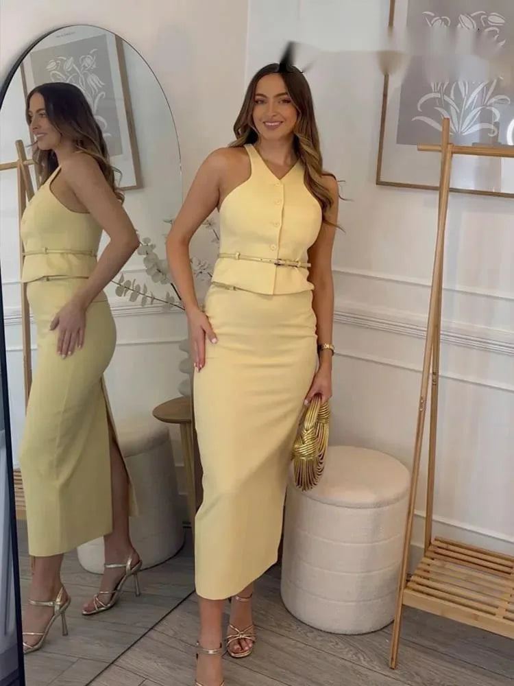 Women Fashion Suit Yellow V-Neck Sleeveless Belt Sngle Breasted Tops+High Waist Pocket Belt Long Skirts Female Summer Set JHX6