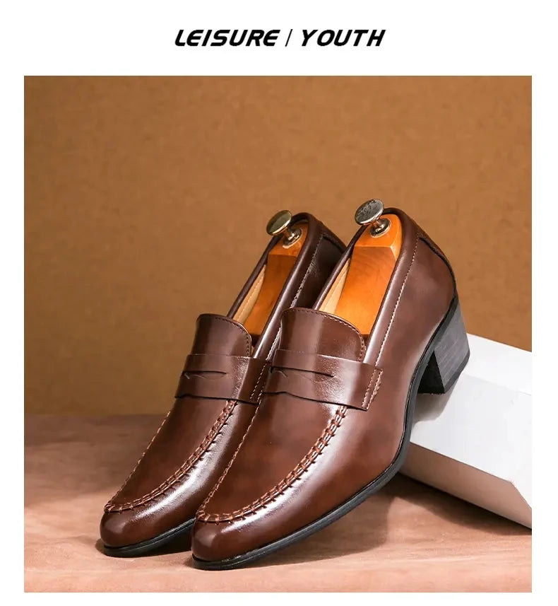 Men Retro Dress Shoes Black Brown Medium High Heels European and American Business Banquet Cuban Leather Shoes Size 38-45