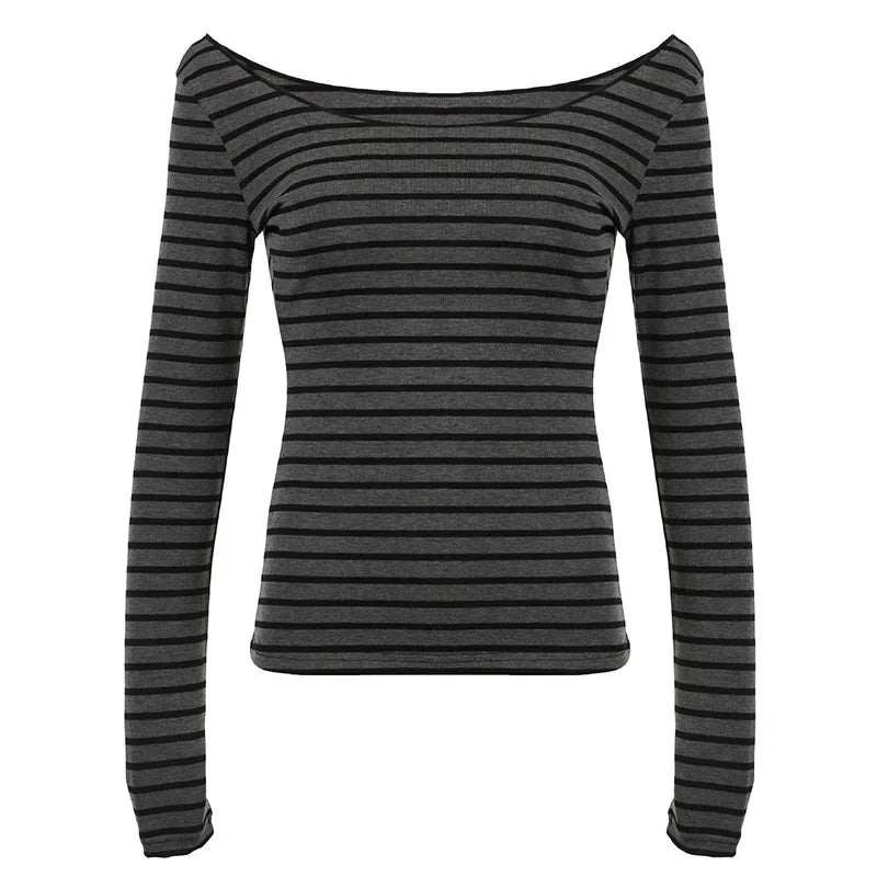 Womens Striped O Neck Long Sleeve Knit Top Slim Fit Korean Street Style