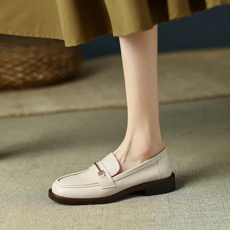 Ochanmeb Natural Leather Loafers Flat Shoes Women Brand Metal Chain Round Toe Slip-ons Flats Ladies Casual Creepers Moccasins 40
