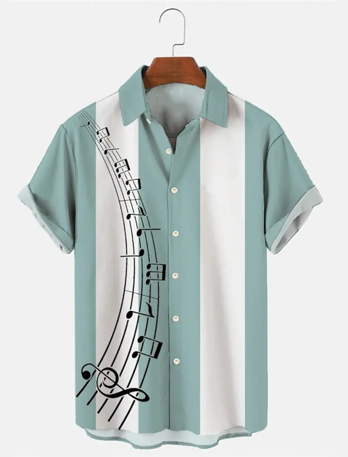Men's Shirt Casual Buttoned Cardigan 3D Music Symbol Print short-sleeved Shirt Simple Striped Open Lapel Top