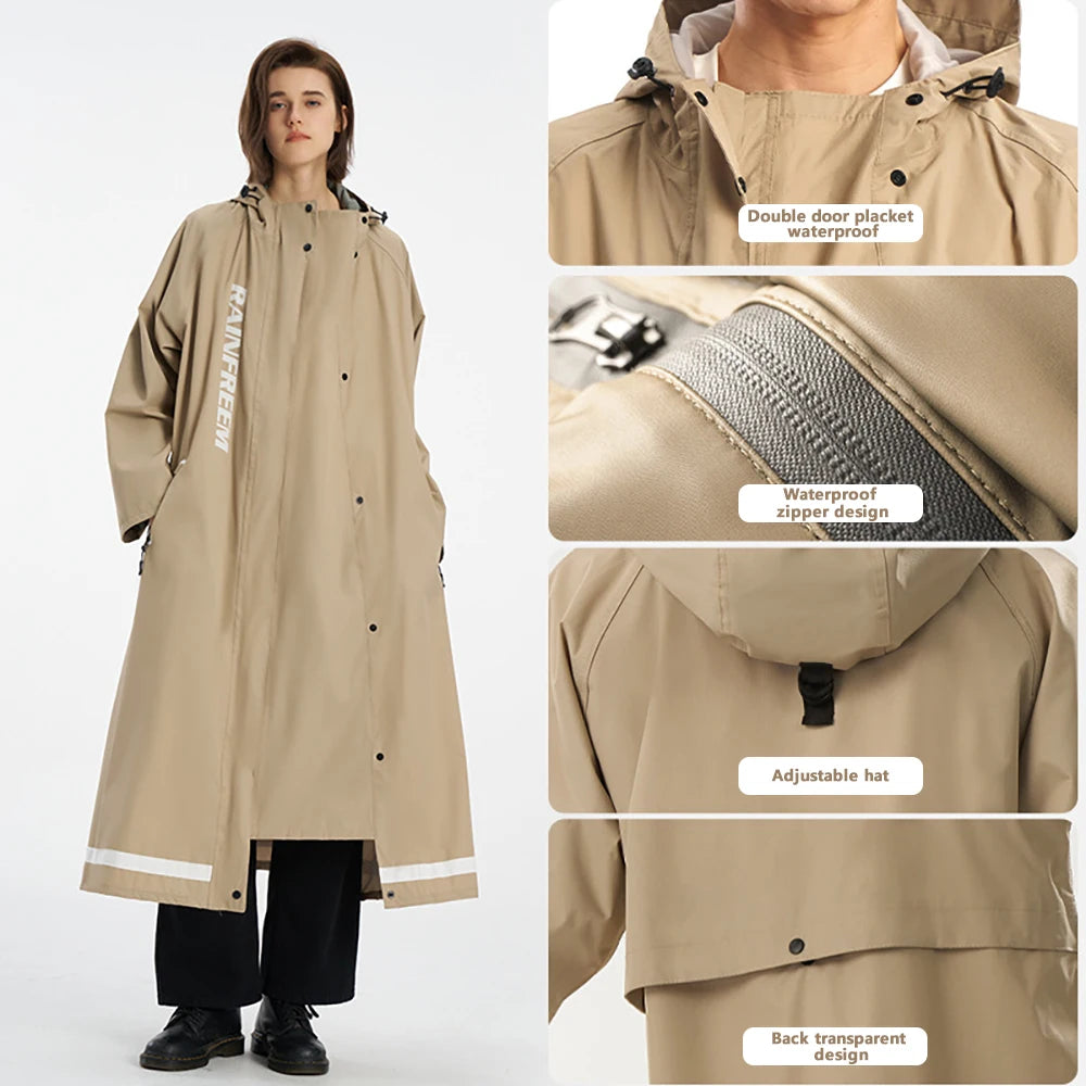 Long Raincoat for Adults, Fashion Trench Coat Waterproof Poncho, Oxford Material Multi-Functional Hooded Cycling Rainwear