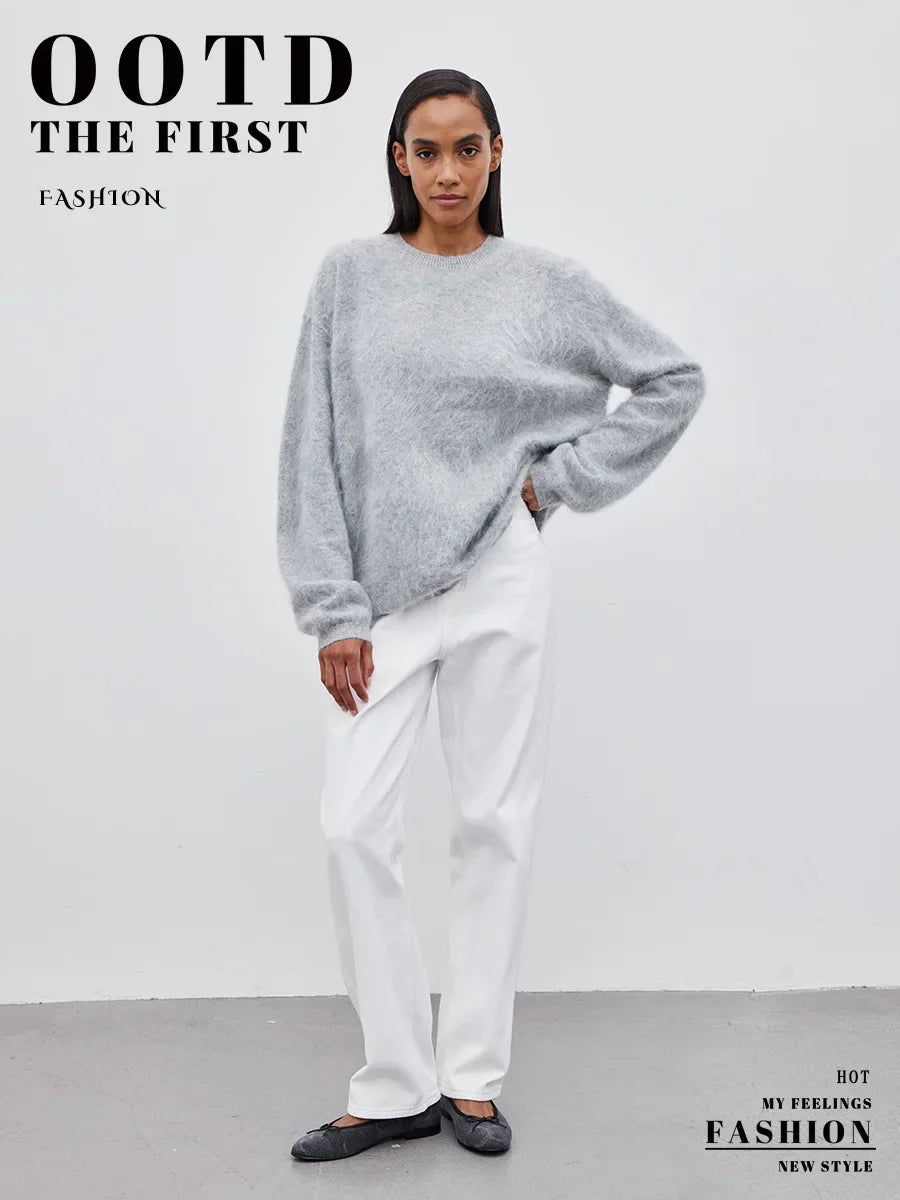 Blubelle Women's Autumn Winter Solid Color Knit Sweater O-Neck Long Sleeve Loose Fit Casual Relaxed Fashion Pullovers