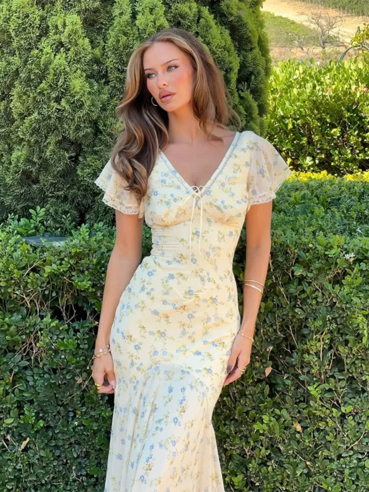 Vintage Print High Neck Midi Dress Belted Waist Bell Sleeve Flared Hem 2026 Summer Spring Chic Women Elegant Wedding Guest Gown