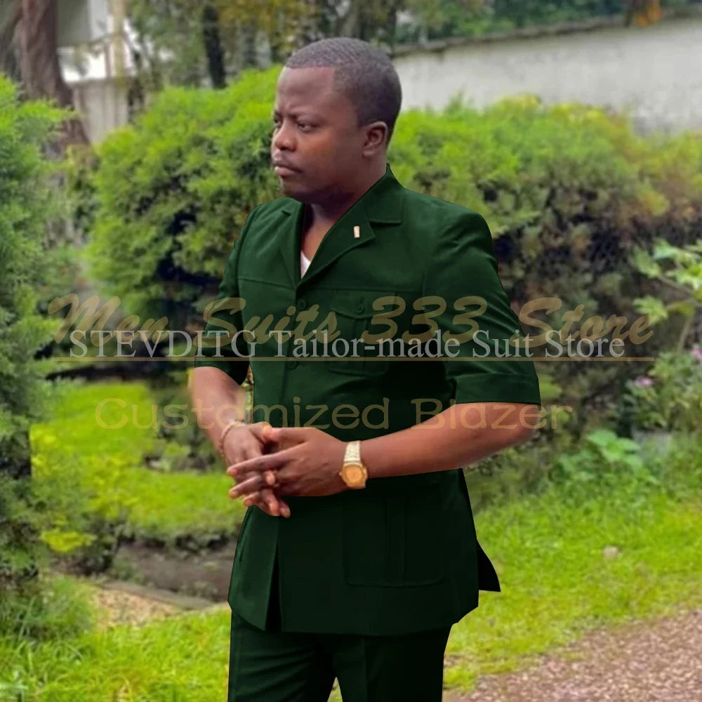 Safari Men Suits with Short Sleeve 2 Pieces Single Breasted Stand Notch Lapel African Fashion Style Set Jacket Pants