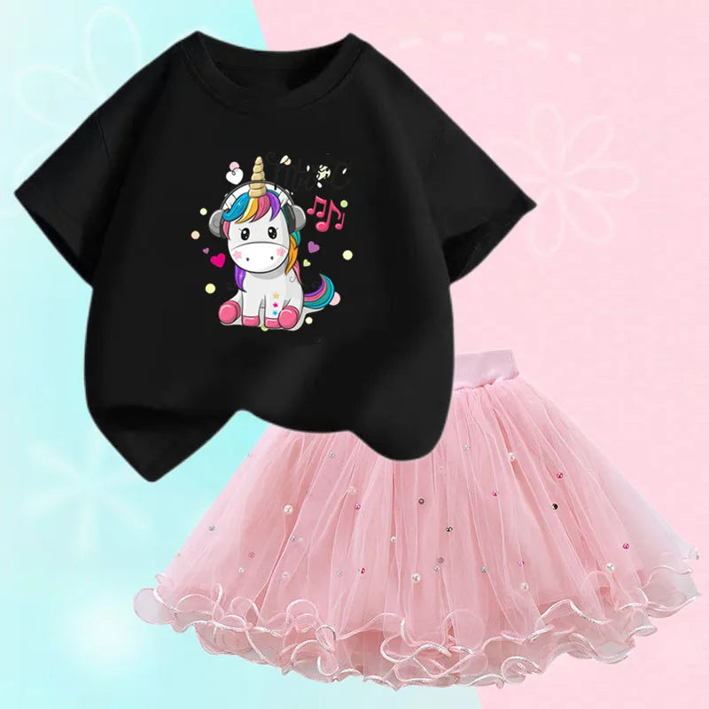 Dresses For Girl Summer Fashion Wear Outfit Kids T-Shirt Suit Unicorn Party Baby Costumes For Children Tulle Tutu Skirt Clothing