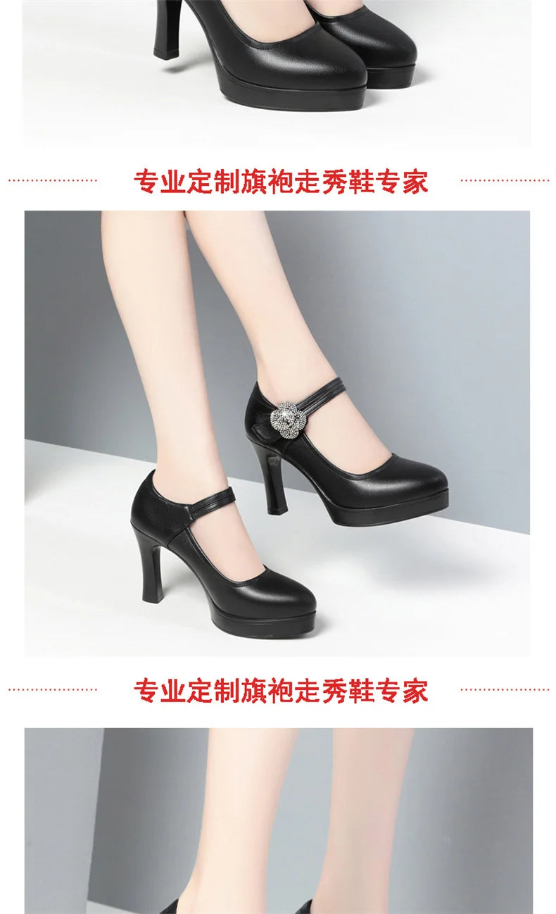 Women's Pumps Pointed Toe Office Soft Leather Flower Buckle Strap Platform High Heels Four Season Shallow Mouth Single Shoes
