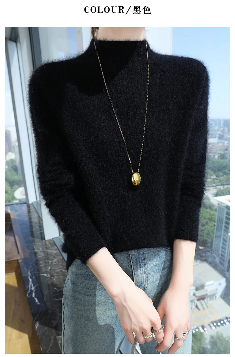 2024 Autumn And Winter New Women's Semi High Neck New Fashion Mink Sweater Long Sleeved Loose Sweater Slimming Knit Sweater Base