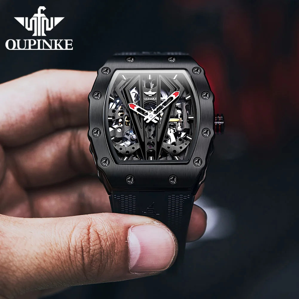 OUPINKE 3179 Automatic Watches for Man Silicone Strap Sapphire Mirror Waterproof Skeleton Tonneau Mechanical Men's Wristwatches
