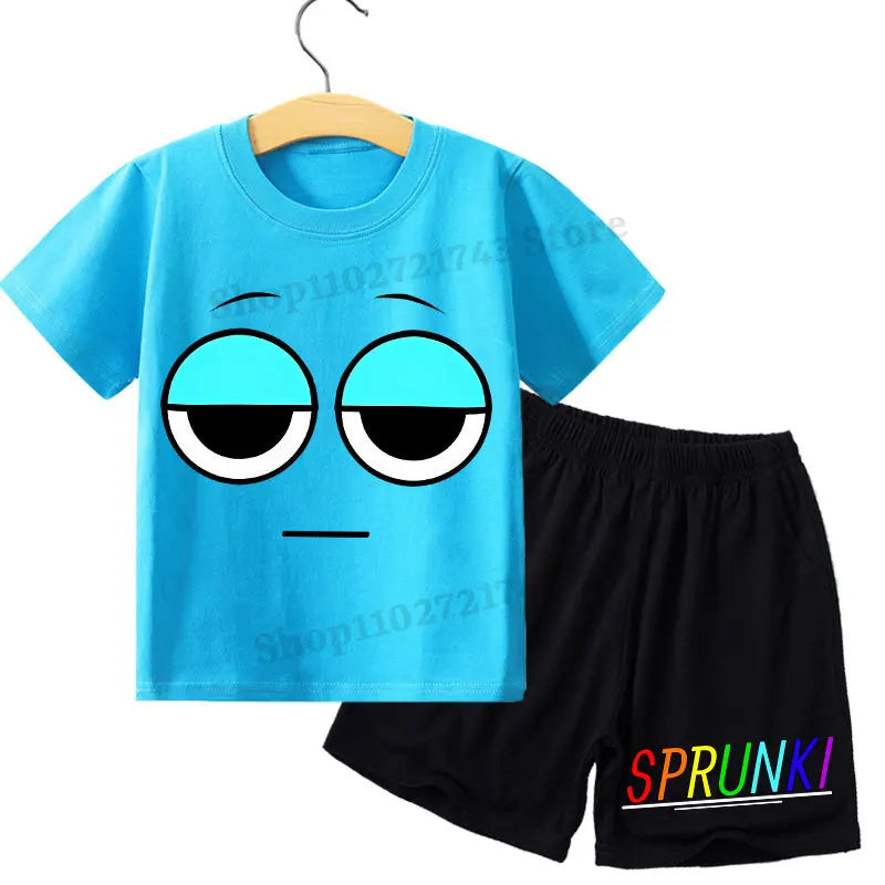 Kids 2 Piece Outfit Sprunki Red Face Character T-Shirt + Shorts Set Boys Girls 100% Cotton Casual Summer Pajamas Set