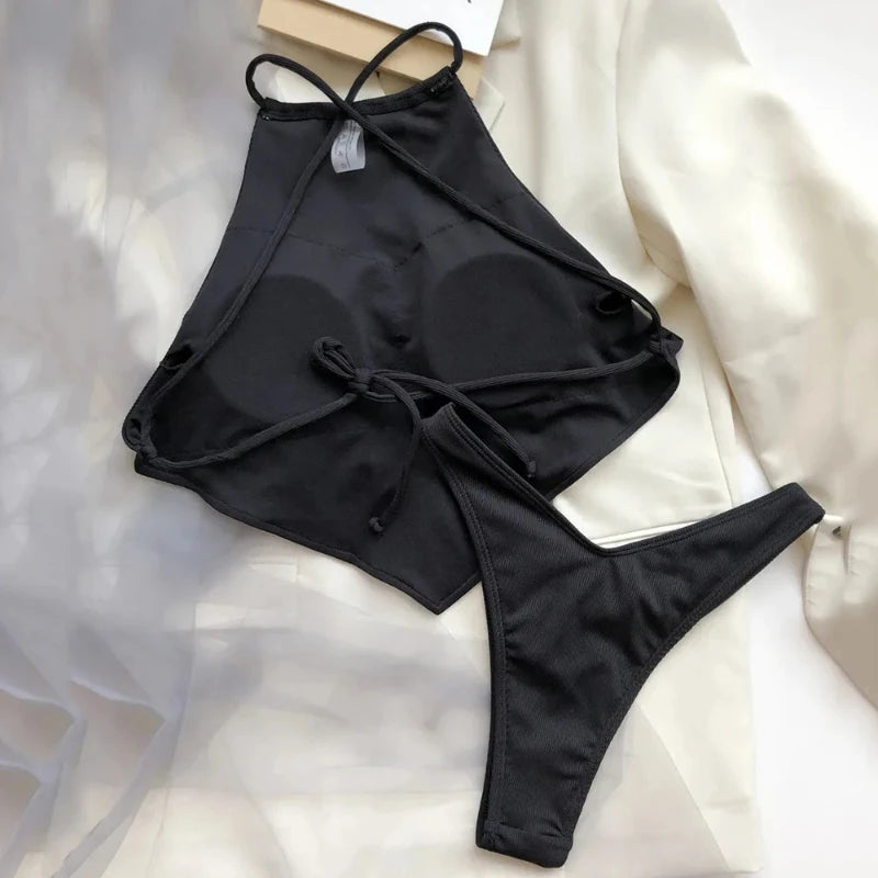 Sexy Halter Bandana Bikinis Set Swimwear Women Thong Swimsuits Backless Bathing Suit Bikini Mujer Swim Wear Biquini Summer