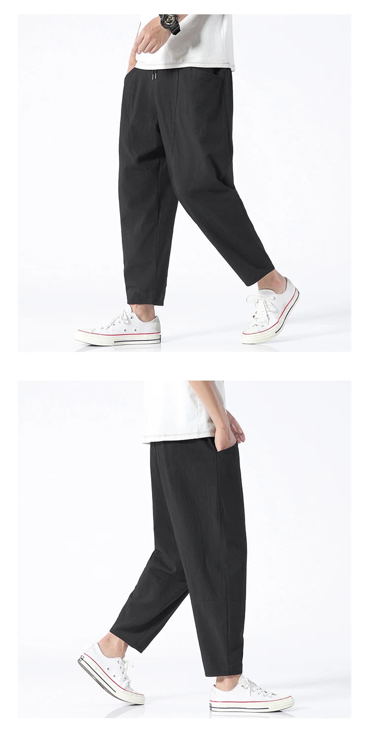 100% Cotton Men's Summer Casual Loose Pants Trendy Japanese Style Cropped Pants for plus Size Men up to 5XL