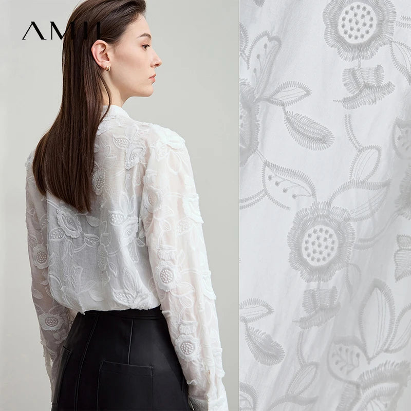 AMII 2025 Autumn New Elegant Embroidery Women's Shirt Stand Collar Wide Shoulder Office Lady Loose Blouses Women Tops 12543066