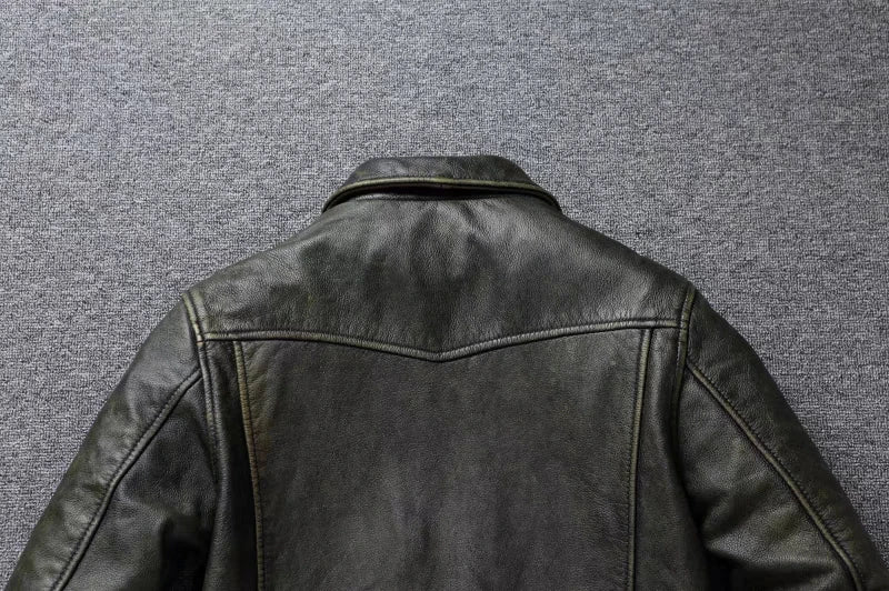American Leather Jacket Men's Motorcycle Jacket Retro Distressed Graphite Olive Green Slim Lapel Jacket New Style
