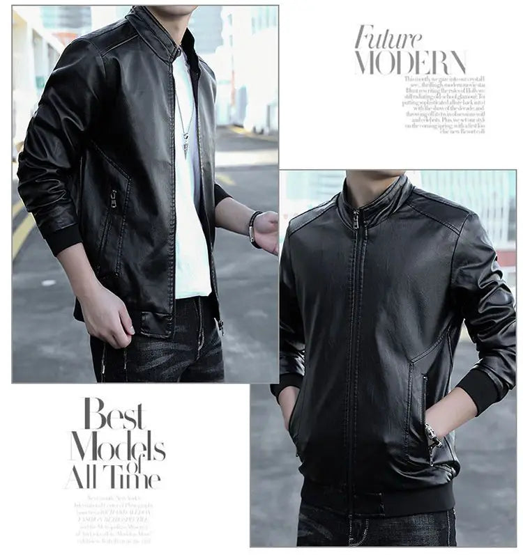 Trendy Casual Loose Jacket for Men with Velvet Thickened Winter with PU Leather Stand Collar