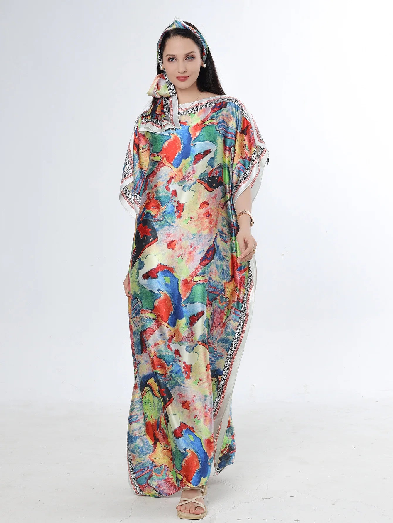 Summer New Fashion African Dresses For Women Elegant Printed Silk Muslim Lady Long Hijab Kaftan Dress Oversize Kuwait Abaya