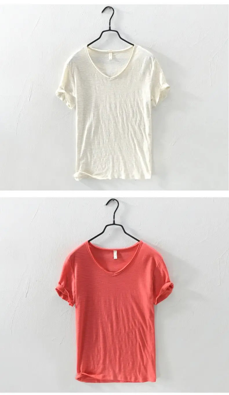 2023 Summer New 100% Cotton White T-shirt Male V-neck Solid Color Casual T Shirt Basic Tees Plus Size 3XL Short Sleeve Tops