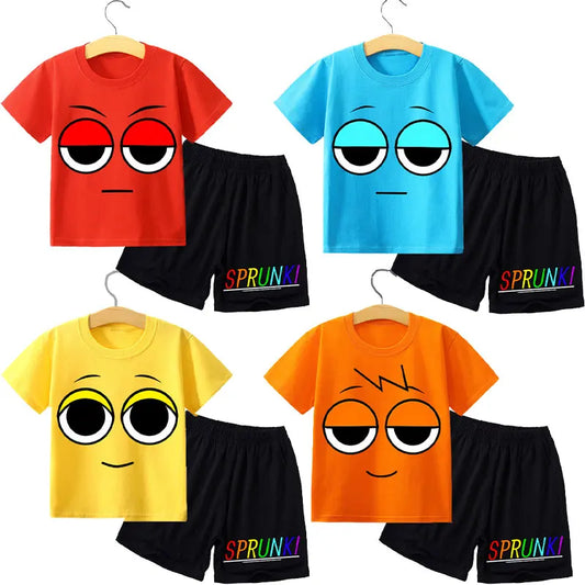 Kids 2 Piece Outfit Sprunki Red Face Character T-Shirt + Shorts Set Boys Girls 100% Cotton Casual Summer Pajamas Set