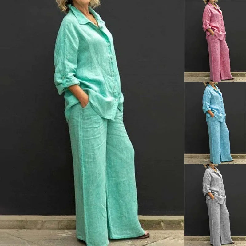 Spring Summer Women Lapel Long Sleeve Shirt High Waist Wide Leg Pants Set