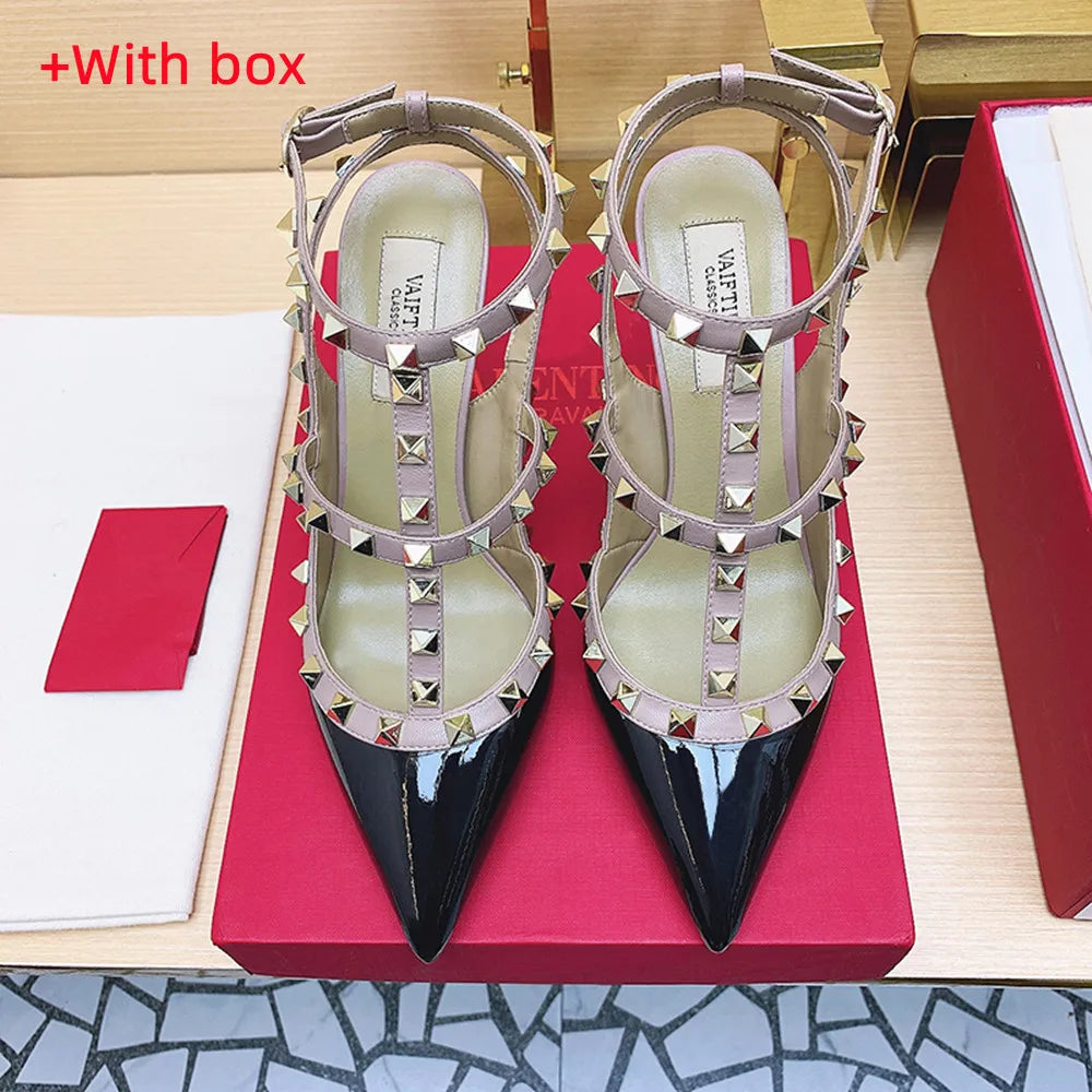 Nude Women's Gladiator sandals Summer 2025 Luxury With Ankle Strap Pointed Toe Fashion Rivet High Heels Party Ladies Shoes Women