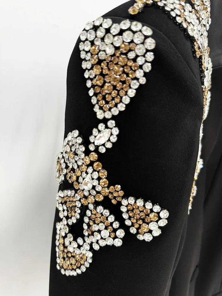 HIGH STREET Newest 2026 Designer Suit Women Beaded Diamonds Stand Collar Single Button Blazer Wide-leg Pants Set 2PCS