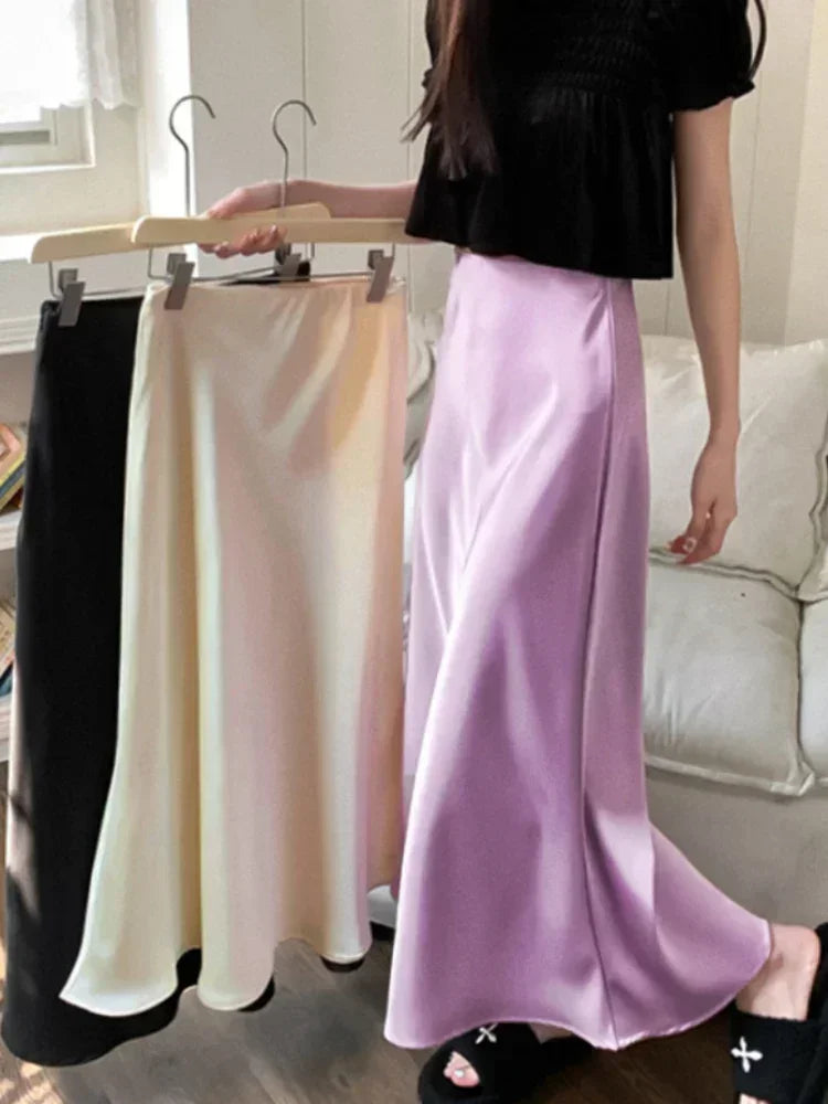 Elegant Women's Skirts High Waist Silk Satin A-line Skirt Lady Fashion Solid Color Purple Long Skirts for Women Fashion 2026