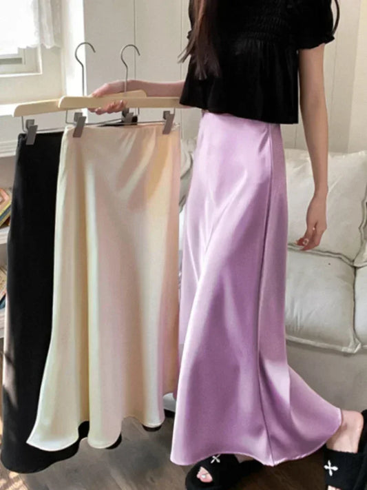 High Waist Satin A-Line Midi Skirt